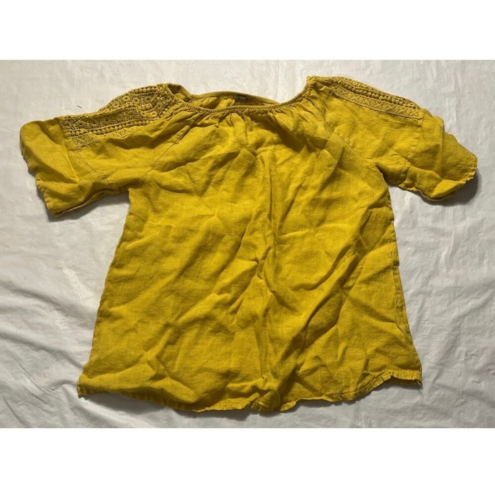 Terzo Millennio Womens Top L - Linen Shirt Crochet Lace Sleeves  Casual - Yellow - Picture 3 of 11